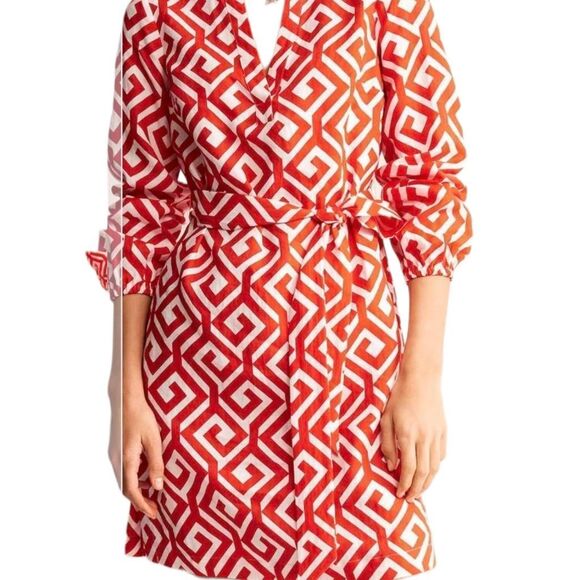 Boden Cleo Red & White Geo Linen Tie-Waist Dress – 100% Linen, Women’s Size 8R - Picture 2 of 15